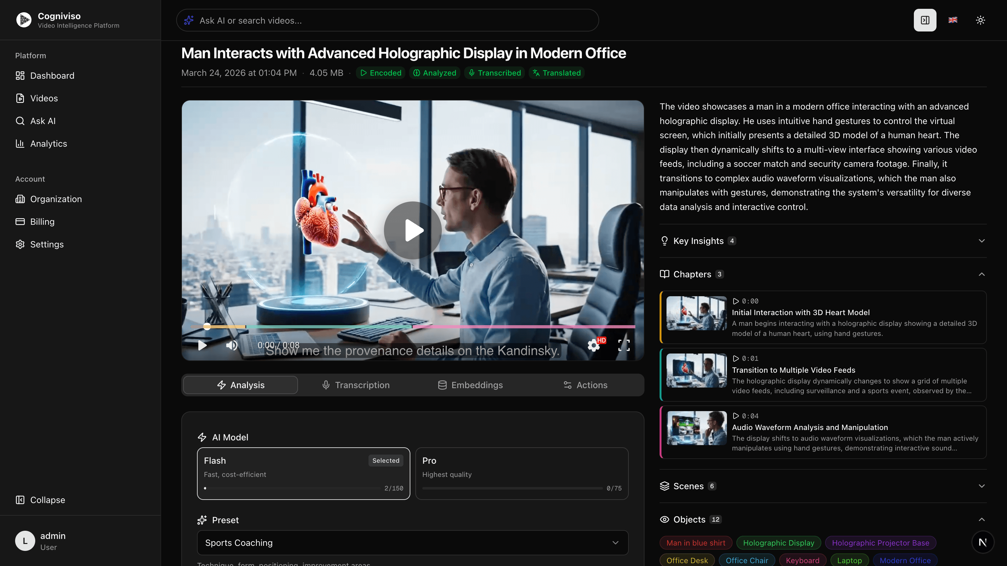 Coniviso dashboard showing video library, upload area, and processing status