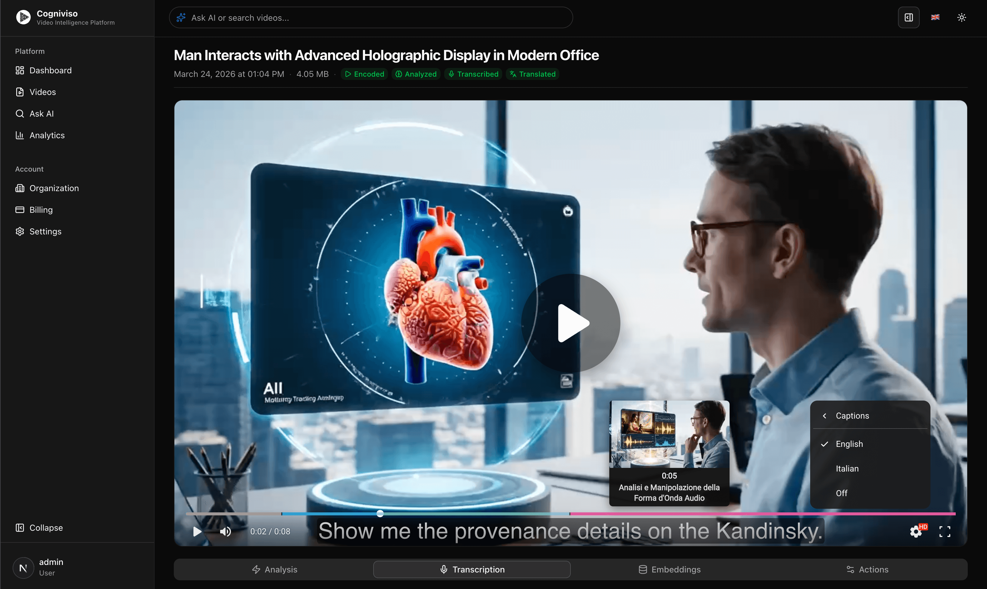 Video player with transcription and multi-language badge indicators